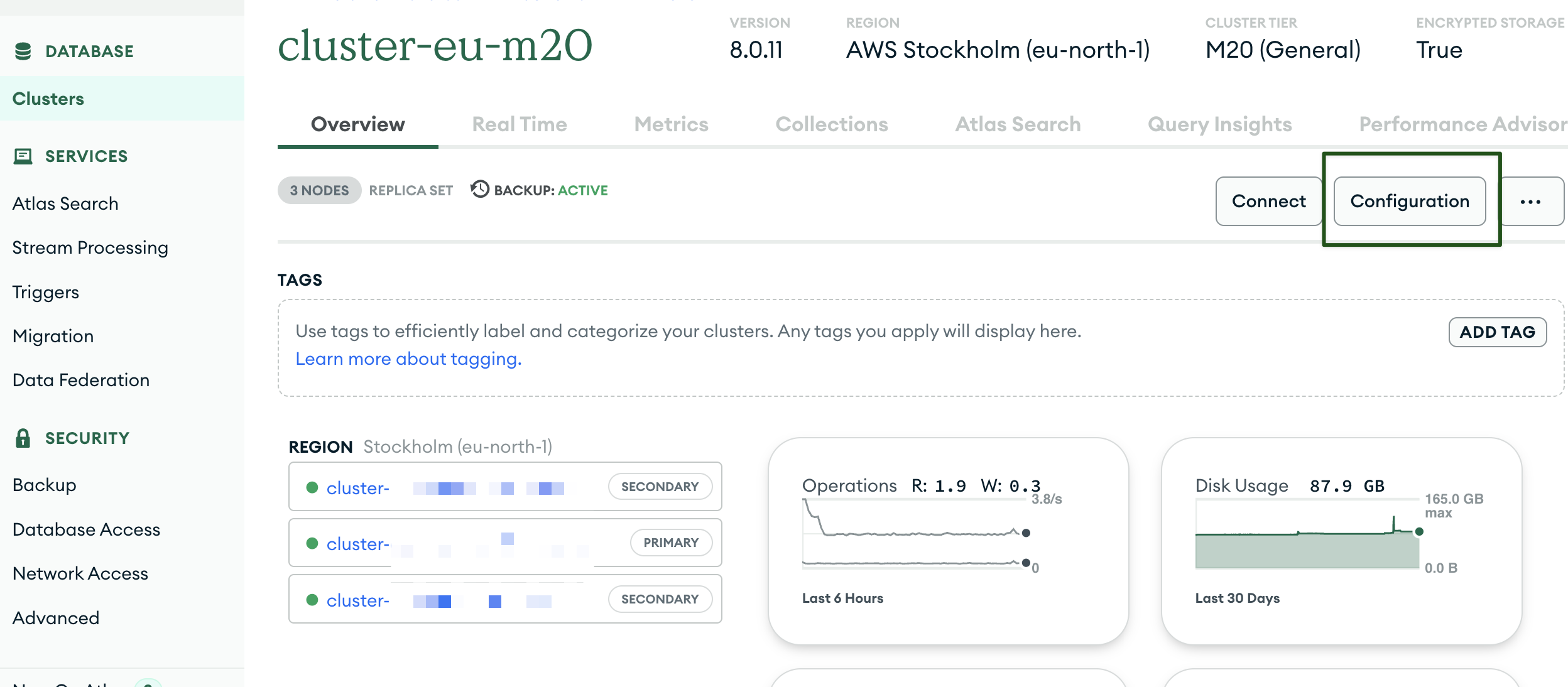 Перейдите к конфигурации кластера