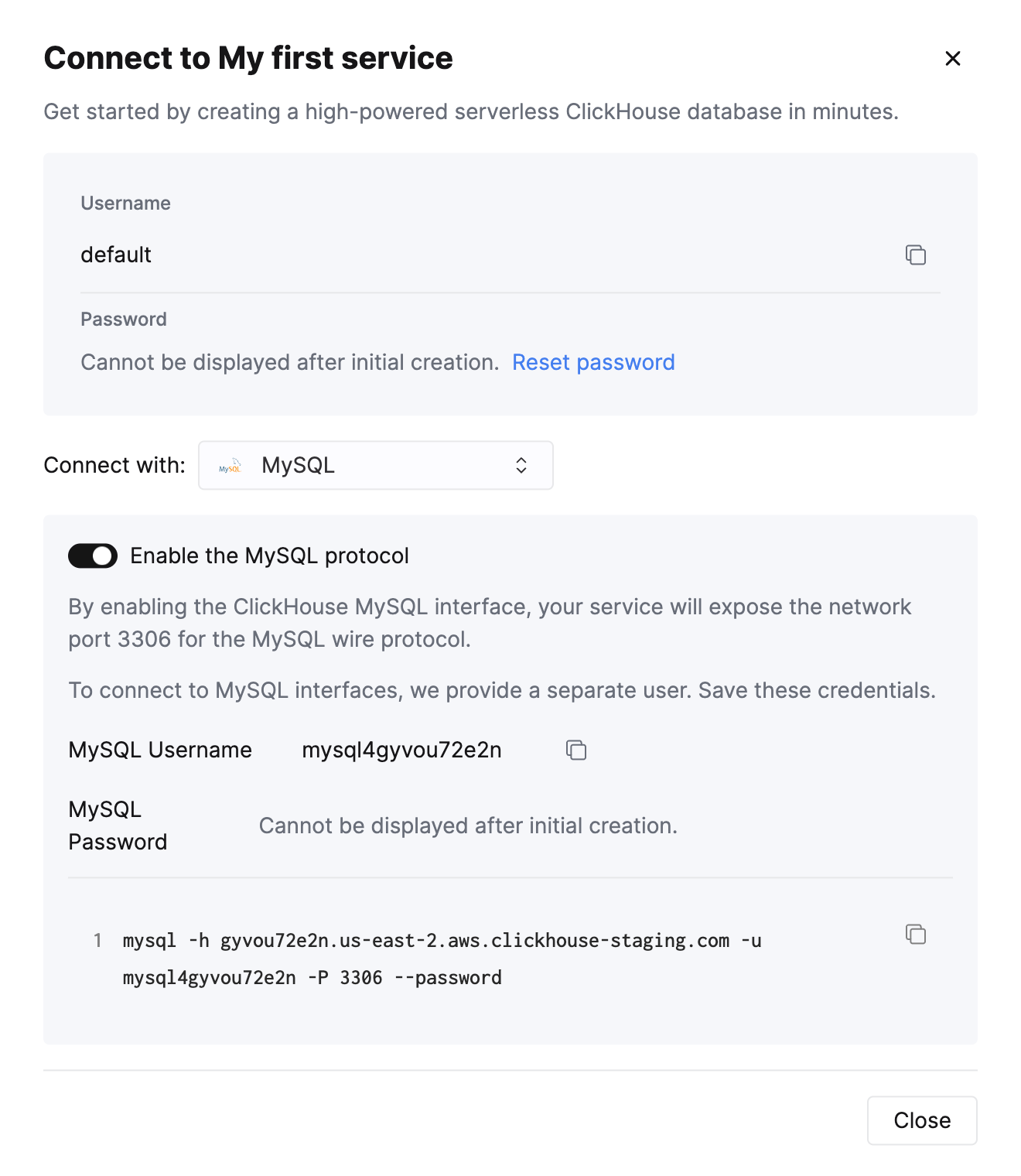 Экран подключения ClickHouse Cloud с включенным интерфейсом MySQL и параметрами подключения